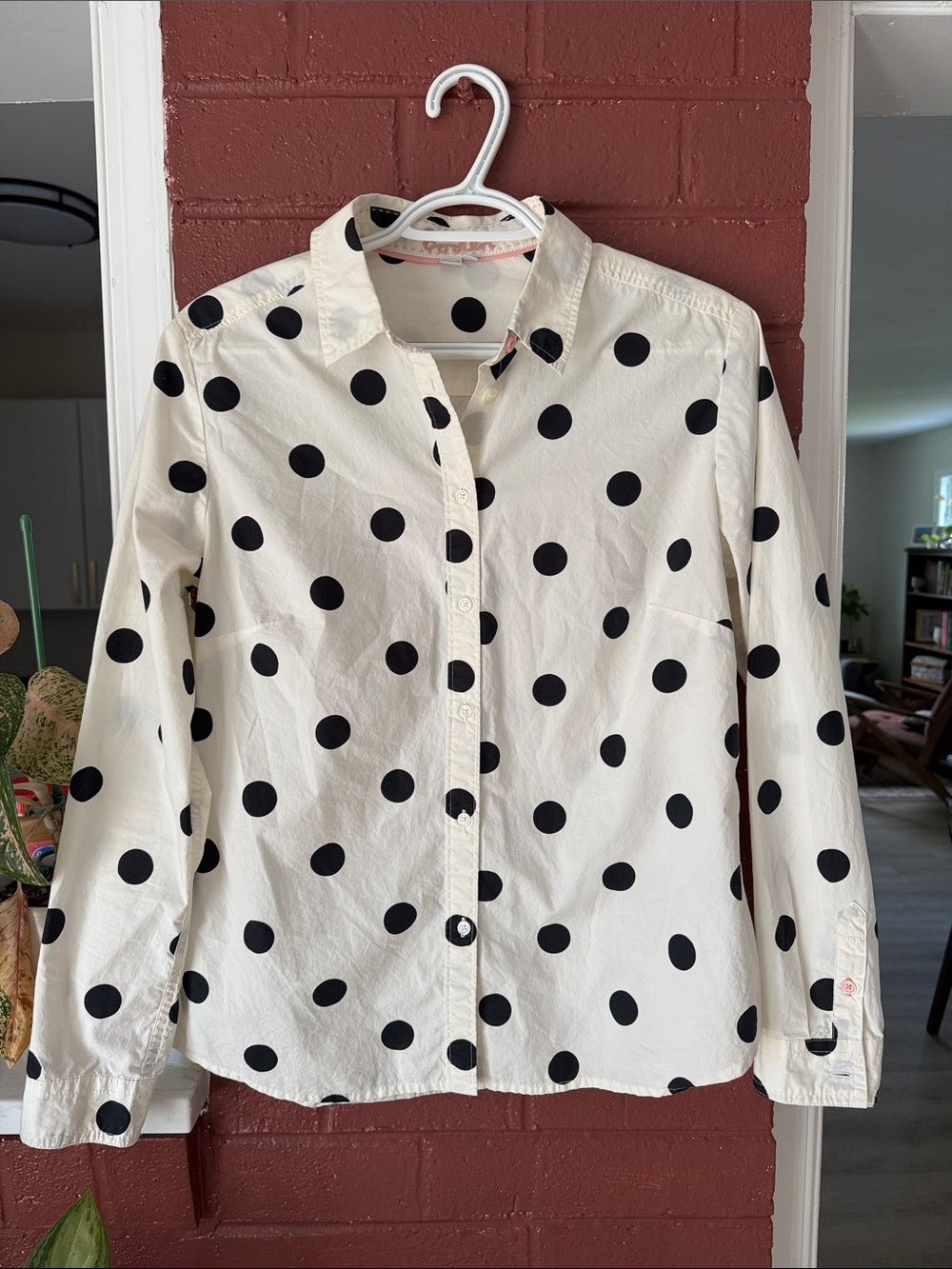 Boden Ivory Tailored Button-Down Shirt with Black Polka Dots Sized 8